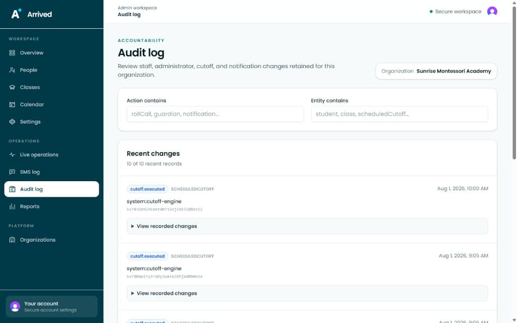 The Audit log screen with a searchable record of recent changes