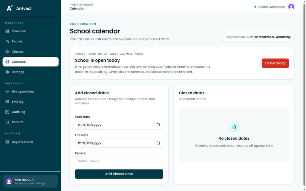 The School calendar screen for adding closed dates and emergency closures