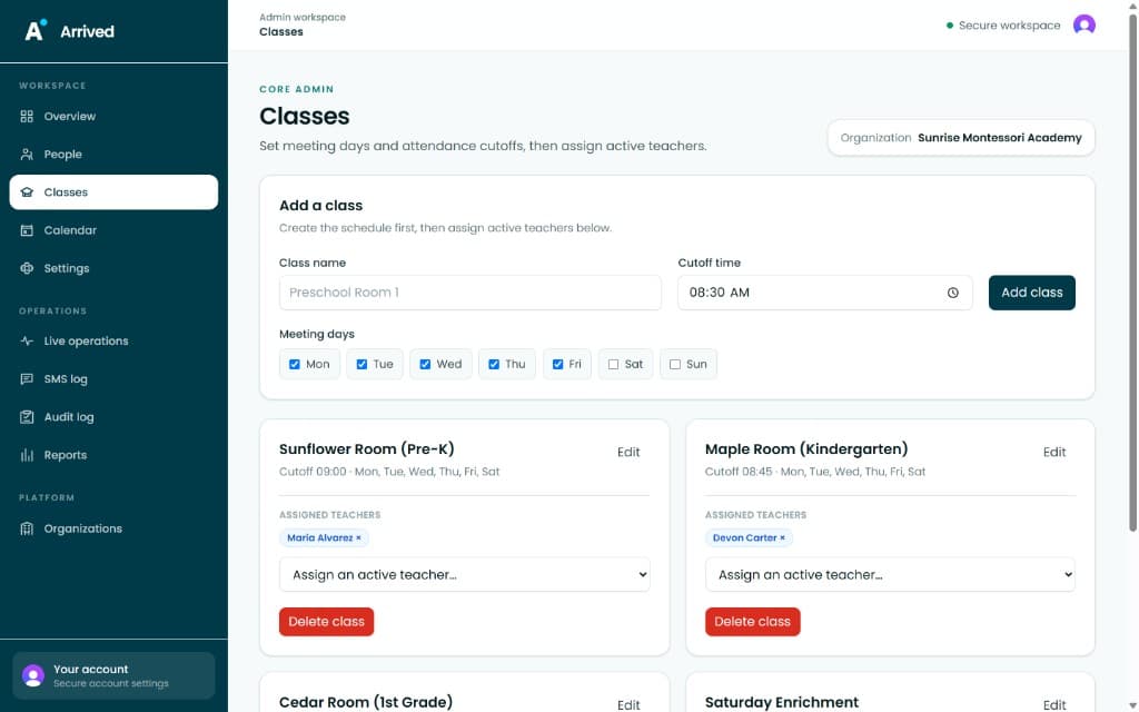 The Classes screen with meeting days, cutoff times, and teacher assignments