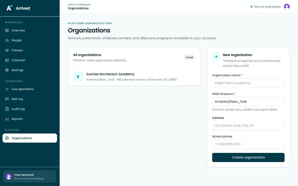 The Organizations screen for managing multiple schools and campuses