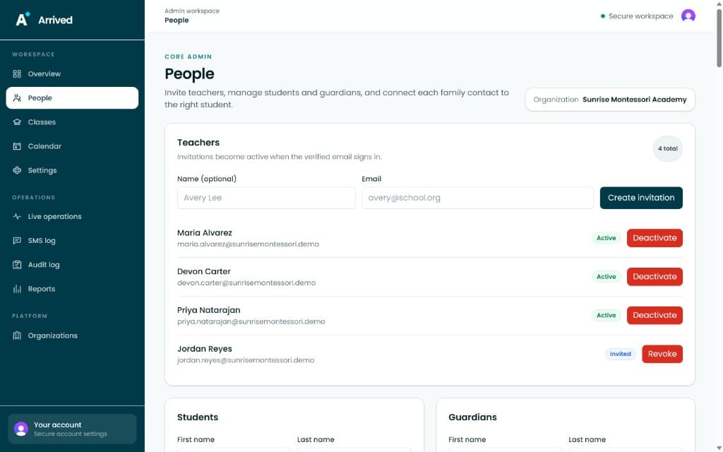 The People screen showing teacher invitations and an active staff roster