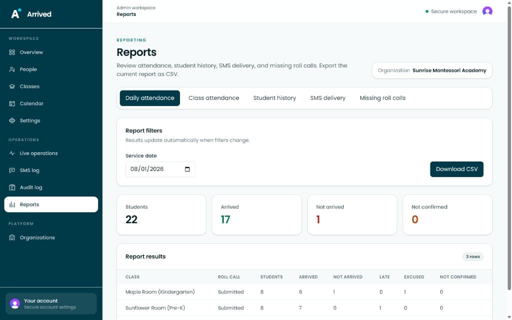 The Reports screen with attendance filters and CSV export