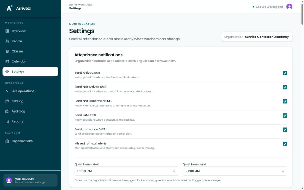 The Settings screen with attendance notification toggles and quiet hours
